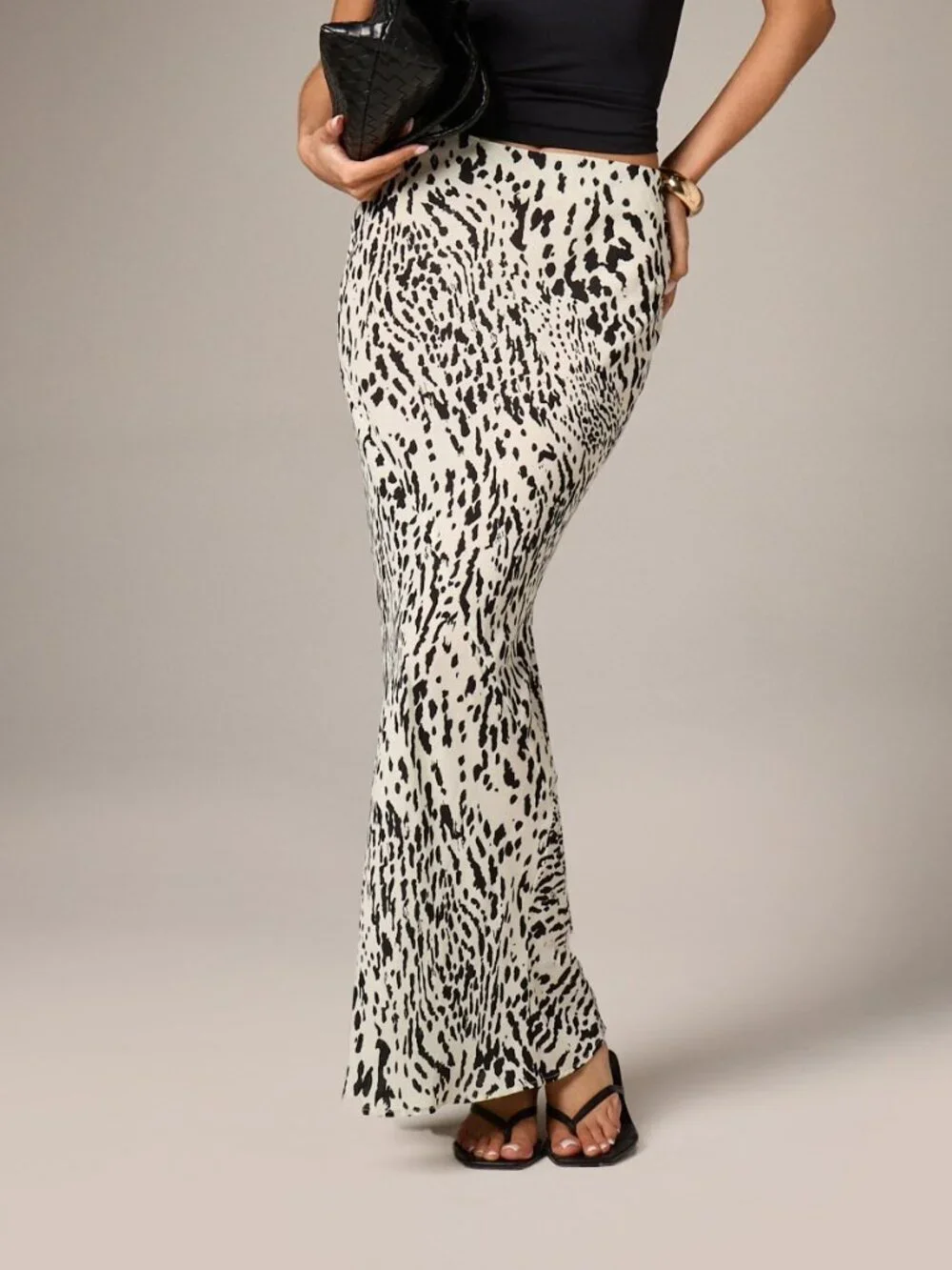 Black And White Elegant Women's Leopard Print Chiffon Maxi Skirt